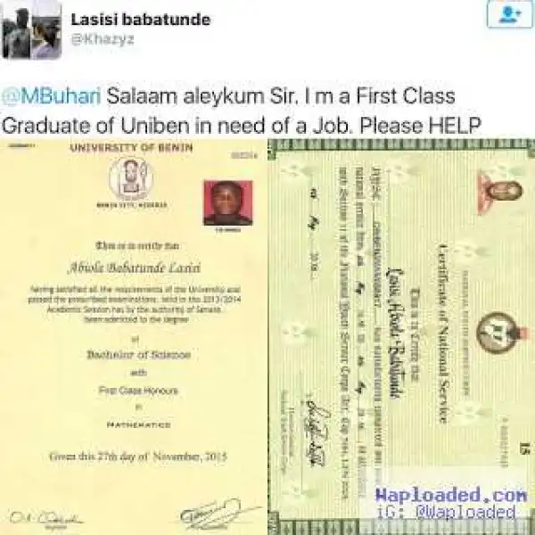 First class graduate of UNIBEN begs Buhari for a job